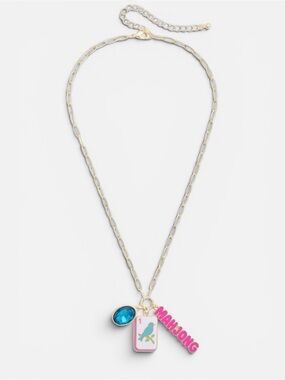 NWT Bird Bam Mahjong Charm Necklace Gold Aqua Pink Enamel Tile Pendant